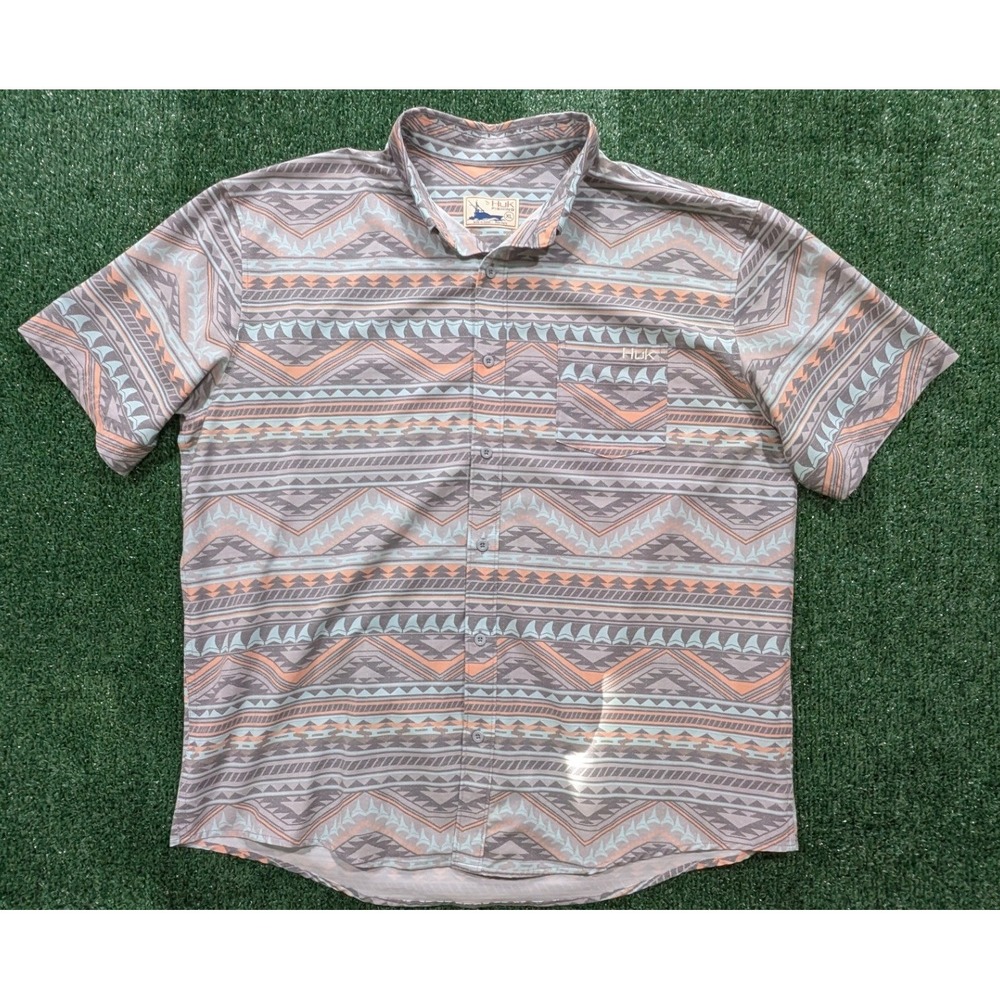 Huk Fishing Shirt Mens XL Gray Orange Tribal Geometric Performance Short Sleeve